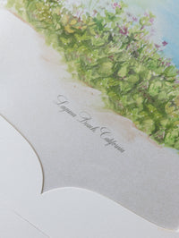 Invitaciones de boda de bolsillo de lujo en Laguna Beach, California, en azul polvoriento | Comisión C&amp;E a medida