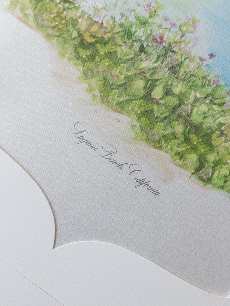 Invitaciones de boda en Laguna Beach, California en azul polvoriento | Comisión C&amp;E a medida