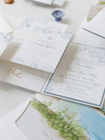 Invitaciones de boda en Laguna Beach, California en azul polvoriento | Comisión C&amp;E a medida
