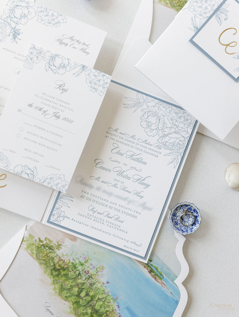 Invitaciones de boda en Laguna Beach, California en azul polvoriento | Comisión C&amp;E a medida
