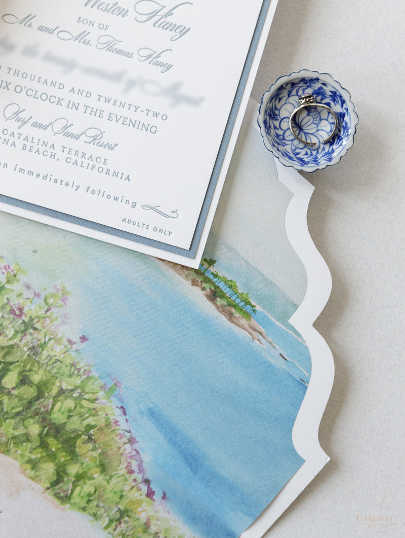 Invitaciones de boda en Laguna Beach, California en azul polvoriento | Comisión C&amp;E a medida