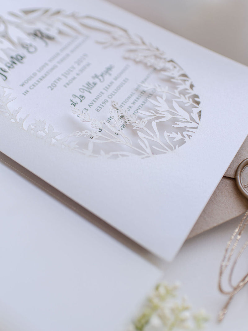 Greenery Vellum Sleeve Pocket fold Invitation with Gold Tie and Kraft –  Cartalia