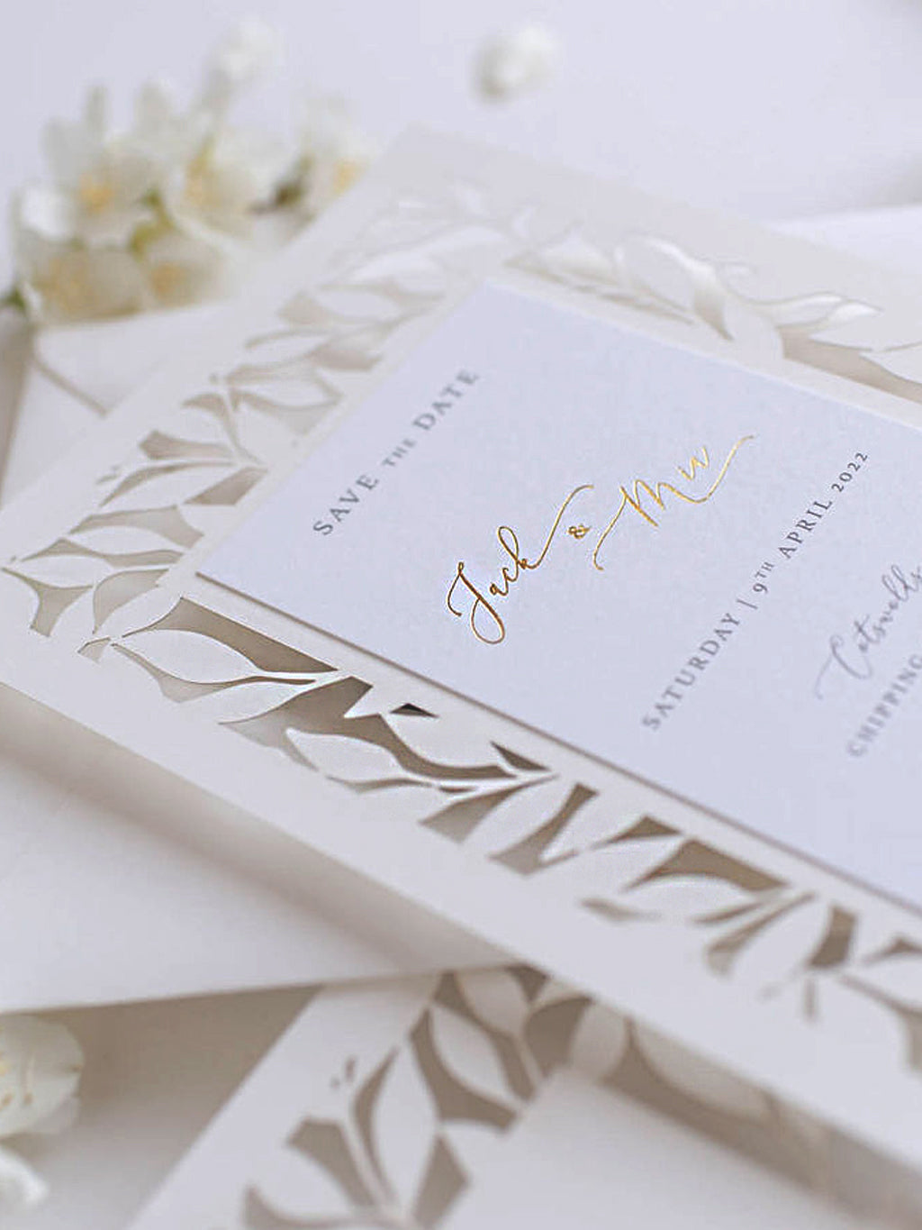 Stunning Gold Foil & Laser Cut Botanic Leaf Wedding Save the Date