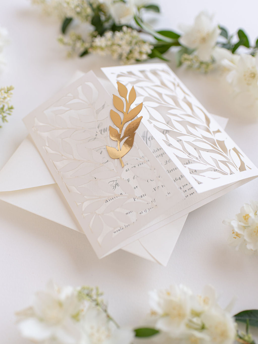 Classic Gatefold with Intricate Laser Cut Leaf and Gold Foil Lace Evening Invitation