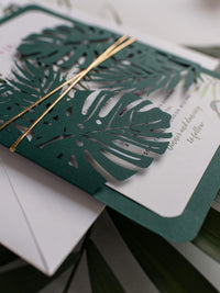 Monstera Tropical Botanic Leaf Green Laser Cut Floral Destination Wedding Invitation with Rsvp Card and Lined Envelopes