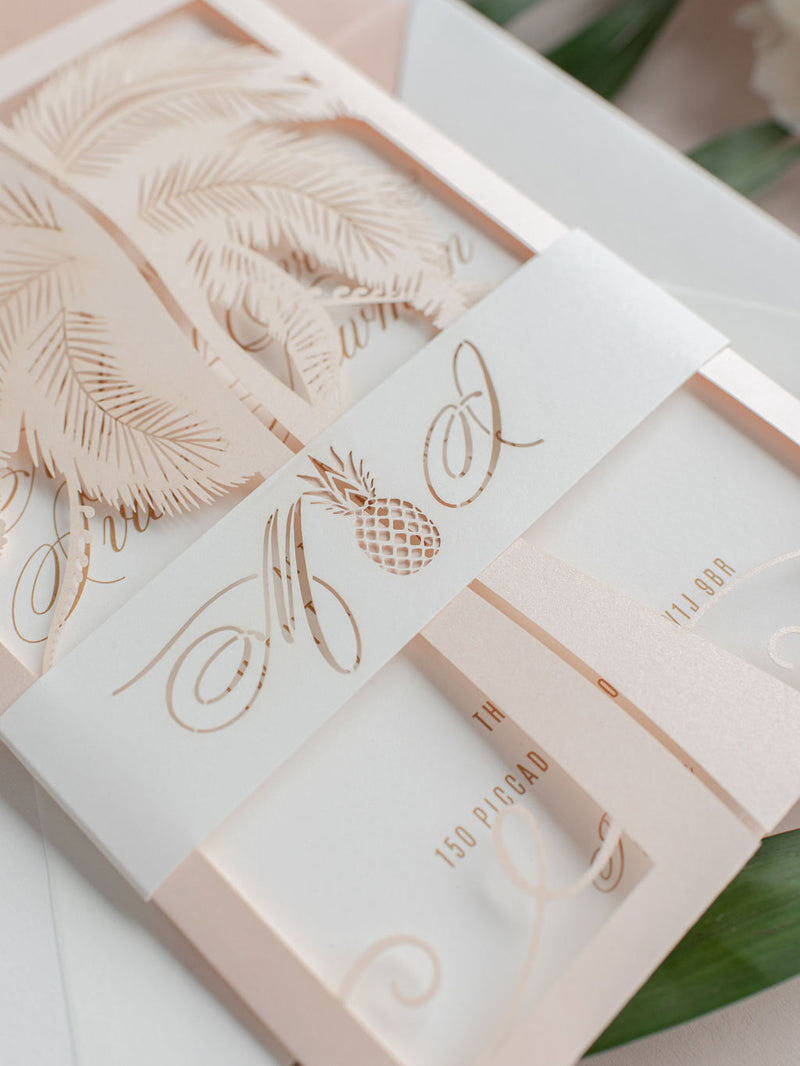 Palm Tree Leaves and Pineapple Laser Cut Tropical Destination Abroad Invitation