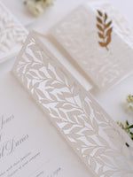 Classically Ivory Arch Gatefold with Intricate Laser Cut Leaf and Gold Foil Lace Day Invitation