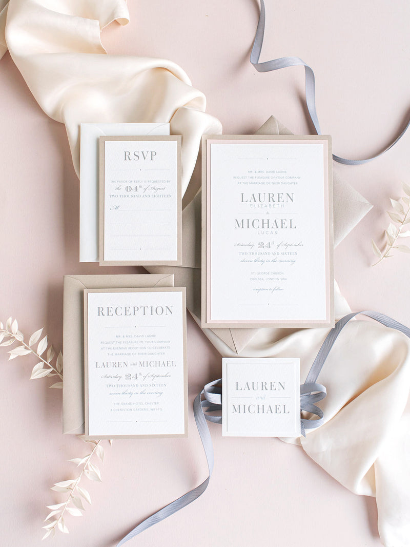 3 Tier Classic Wedding Invitation Suite With Monogram Tag & Ribbon Tie
