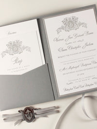 Luxury 710gsm Letterpress Folder Pocket Invitation Suite with Mirror Tag and Bow Tied Ribbon