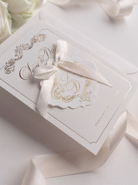 Luxurious Foiled Card and Tag with Monogram and Satin ribbon Save the Date