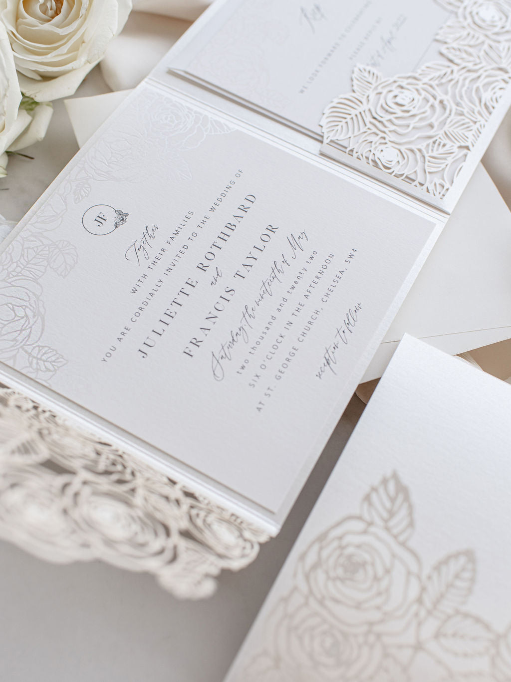 Roses Quartz Laser Cut Pocket Folder with Rsvp Card