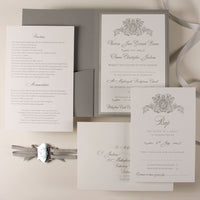 Luxury 710gsm Letterpress Folder Pocket Invitation Suite with Mirror Tag and Bow Tied Ribbon