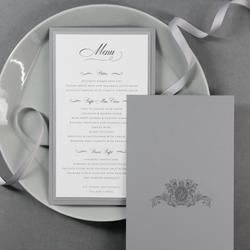 Luxury 600 gsm Menu with Monogram matching to Letterpress Open Folder Pocket