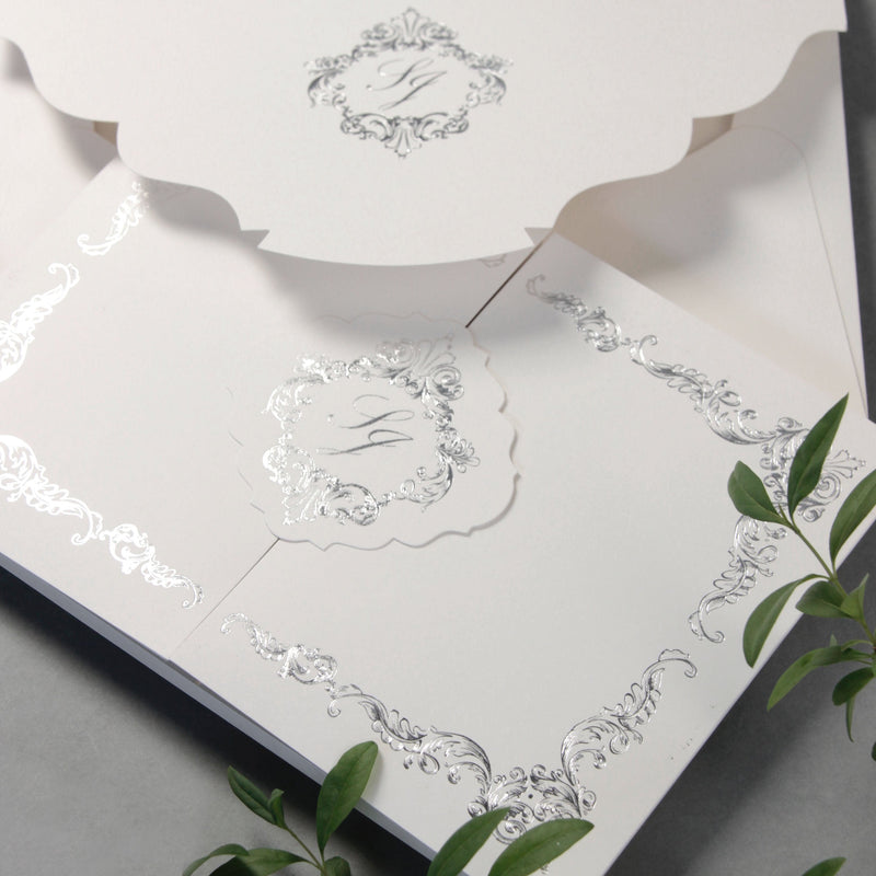 Luxury Siver Foil pocket fold suite for Wedding Day, Rsvp, Info Card Invitation Suite with Laser Cut pocket, Calligraphy Script