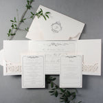 Luxury Siver Foil pocket fold suite for Wedding Day, Rsvp, Info Card Invitation Suite with Laser Cut pocket, Calligraphy Script