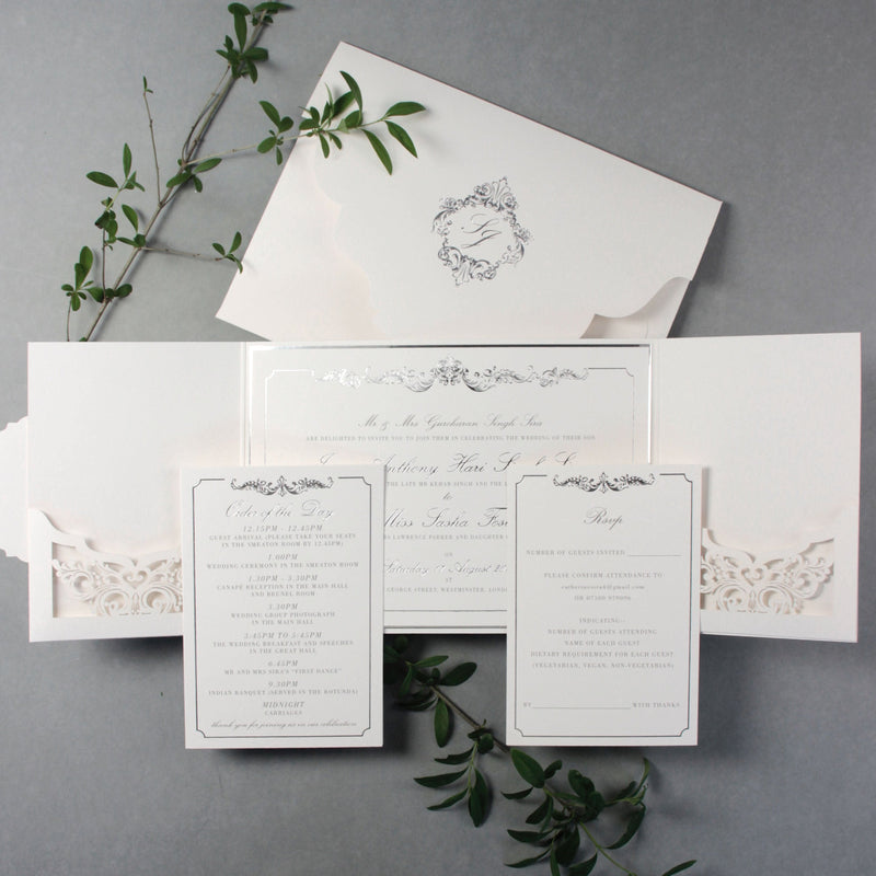 Luxury Siver Foil pocket fold suite for Wedding Day, Rsvp, Info Card Invitation Suite with Laser Cut pocket, Calligraphy Script