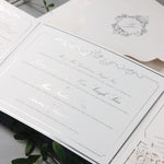 Luxury Siver Foil pocket fold suite for Wedding Day, Rsvp, Info Card Invitation Suite with Laser Cut pocket, Calligraphy Script