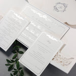 Luxury Siver Foil pocket fold suite for Wedding Day, Rsvp, Info Card Invitation Suite with Laser Cut pocket, Calligraphy Script