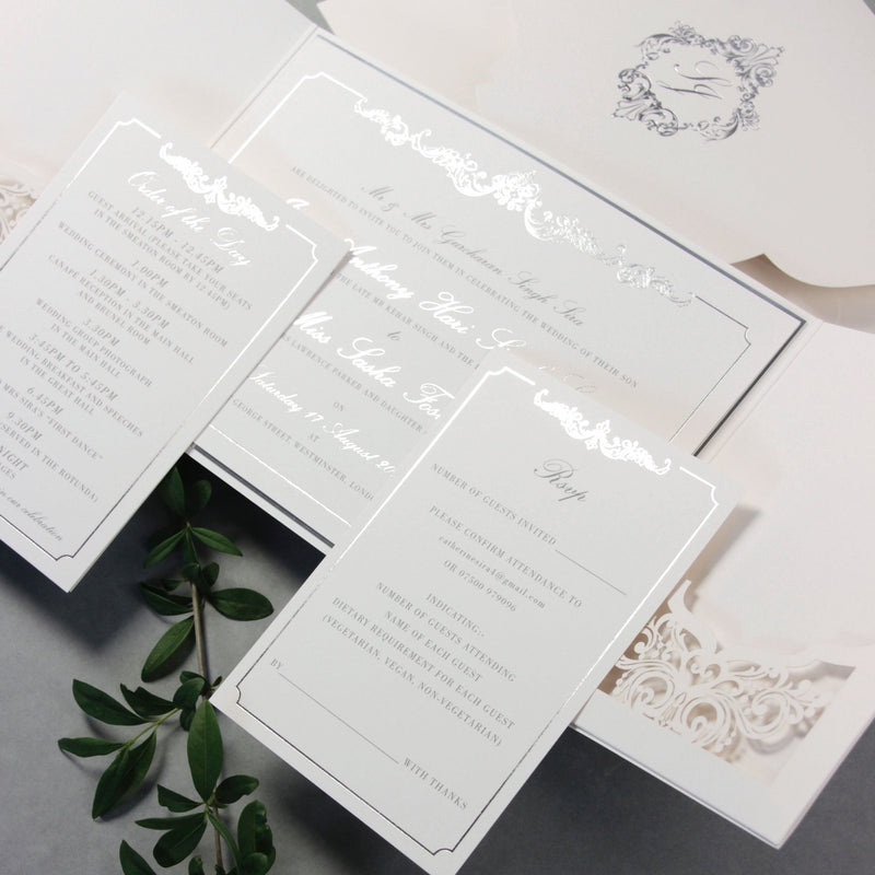 Luxury Siver Foil pocket fold suite for Wedding Day, Rsvp, Info Card Invitation Suite with Laser Cut pocket, Calligraphy Script