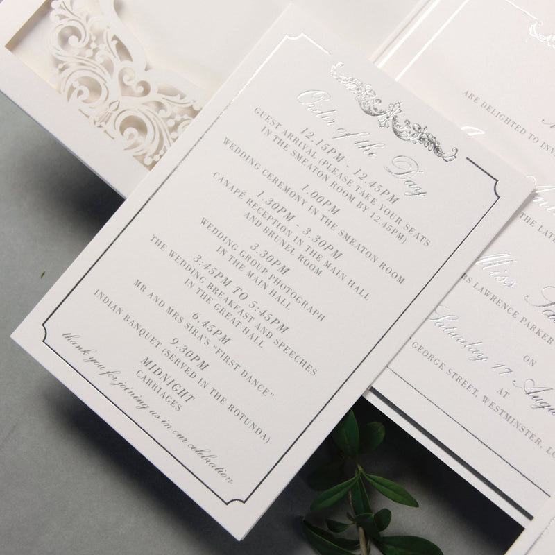 Luxury Siver Foil pocket fold suite for Wedding Day, Rsvp, Info Card Invitation Suite with Laser Cut pocket, Calligraphy Script