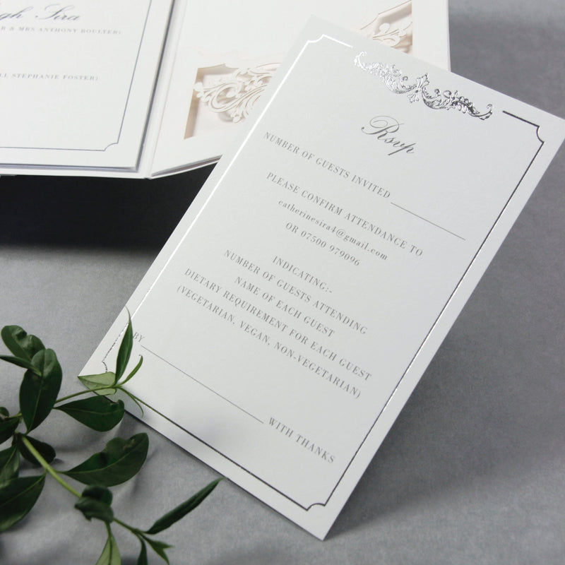 Luxury Siver Foil pocket fold suite for Wedding Day, Rsvp, Info Card Invitation Suite with Laser Cut pocket, Calligraphy Script