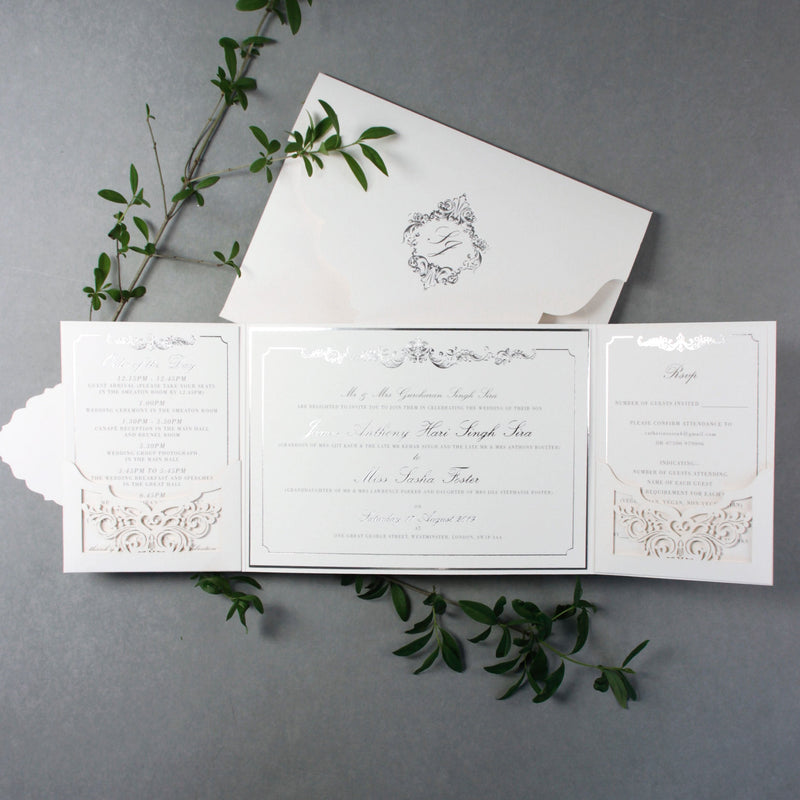 Luxury Siver Foil pocket fold suite for Wedding Day, Rsvp, Info Card Invitation Suite with Laser Cut pocket, Calligraphy Script