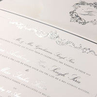 Suite plegable de bolsillo de lujo Siver Foil para el día de la boda, Rsvp, suite de invitación de tarjeta de información con bolsillo cortado con láser, guión de caligrafía