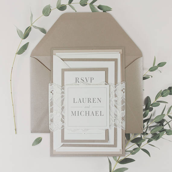 White Lace and Sand Tiered Invitation Set with RSVP