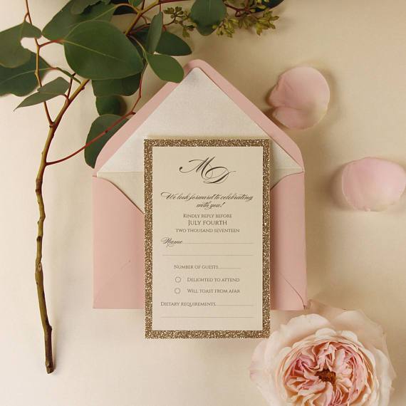Tiered Golden Glitter Invitation Matching RSVP Card, Reply