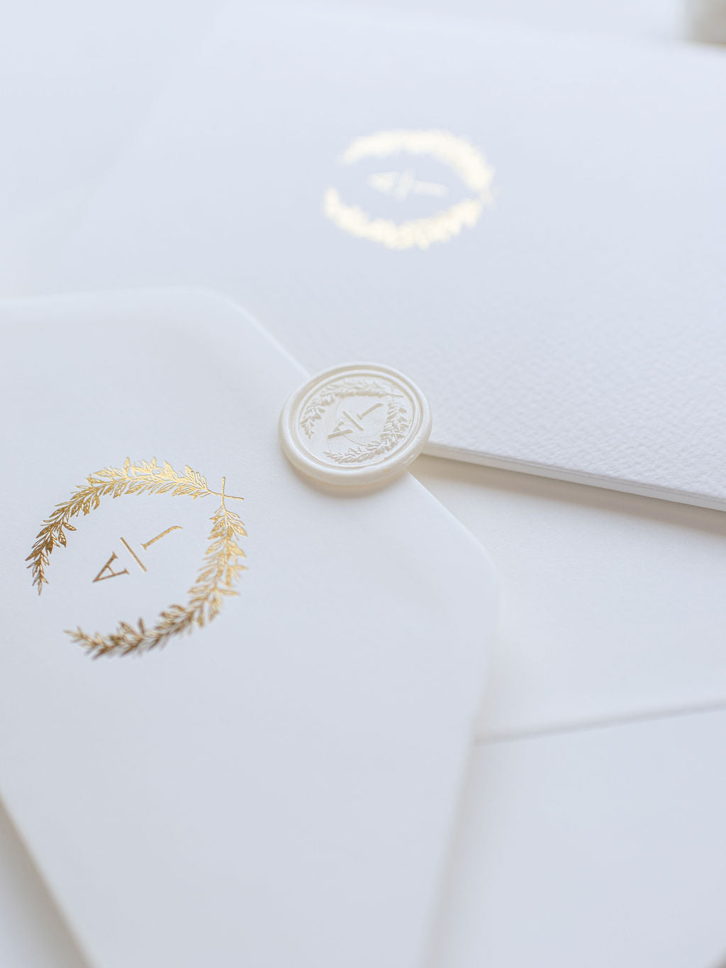 Triple Embossed Monogramed Gold Foil Pocket Wedding Invitation Suite with Wax Seal