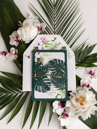 Monstera Tropical Botanic Leaf Green Laser Cut Floral Destination Wedding Invitation with RSVP Card and Lined Envelopes