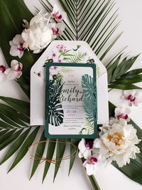 Monstera Tropical Botanic Leaf Green Laser Cut Floral Destination Wedding Invitation with Rsvp Card and Lined Envelopes