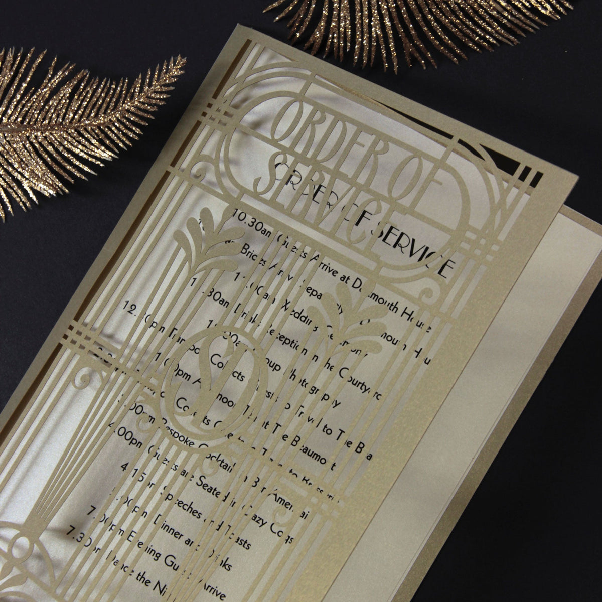 Golden Hollywood Lasercut Art Deco Great Gatsby Laser Cut Gatefold Menu / Order of Service