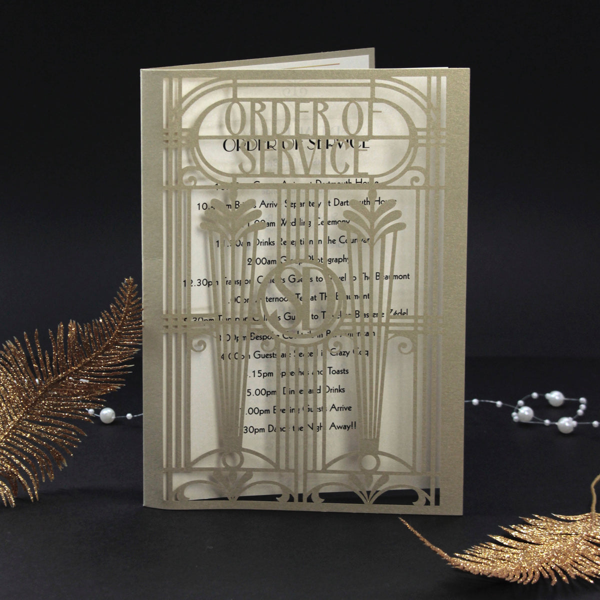 Golden Hollywood Lasercut Art Deco Great Gatsby Laser Cut Gatefold Menu / Order of Service