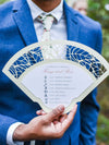 Intricate Laser Cut Leaf Wedding Petal Program Fan with Unique Luxury Foil Monogram