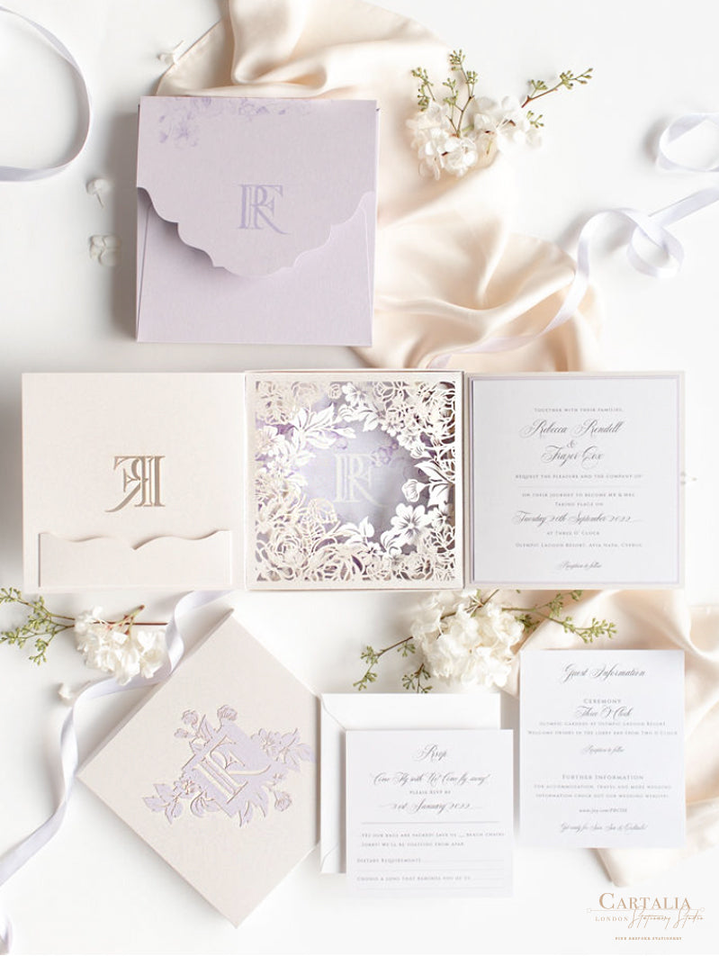 Lilac & Purple Couture Box : 3D Luxuriously Intricate Tier Laser Cutting Wedding Invitation Suite