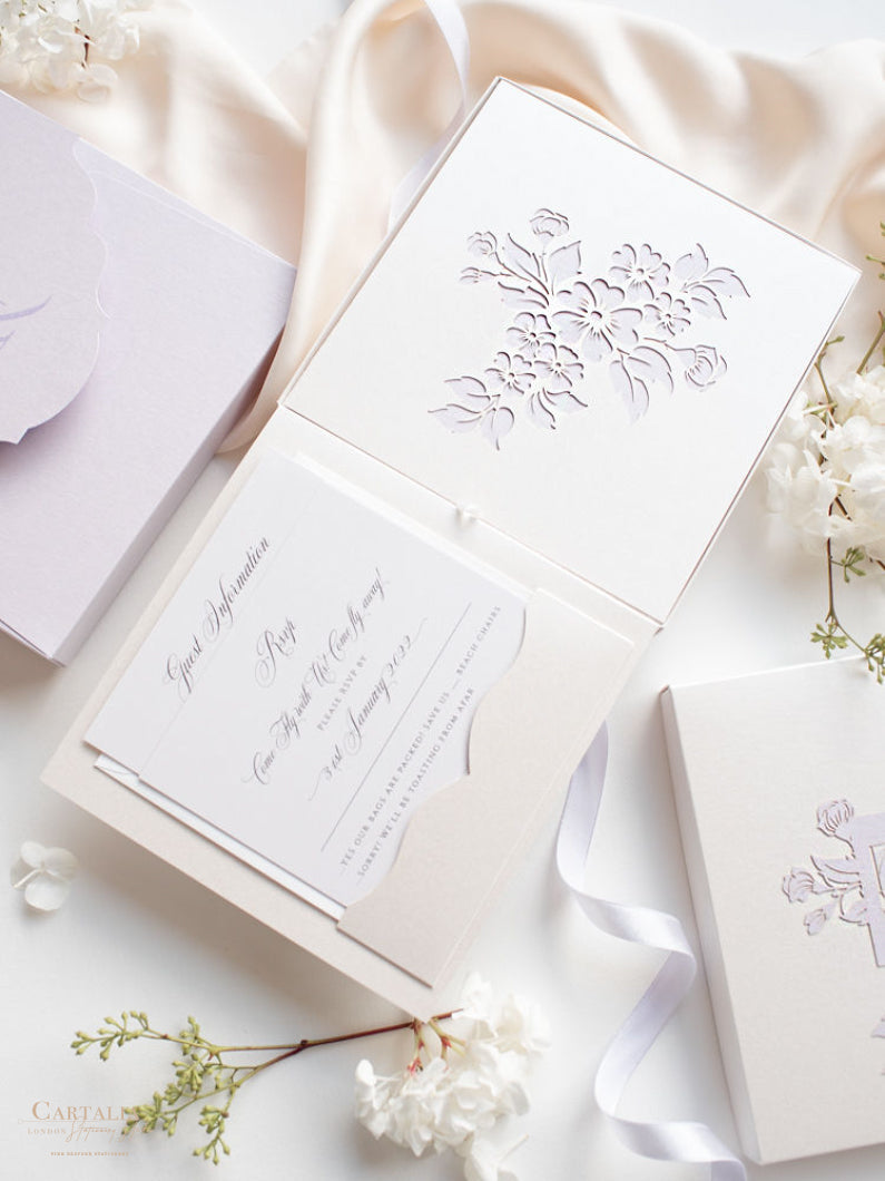 Caja de alta costura lila y morada: Suite de invitación de boda con corte por láser en niveles lujosamente intrincados en 3D