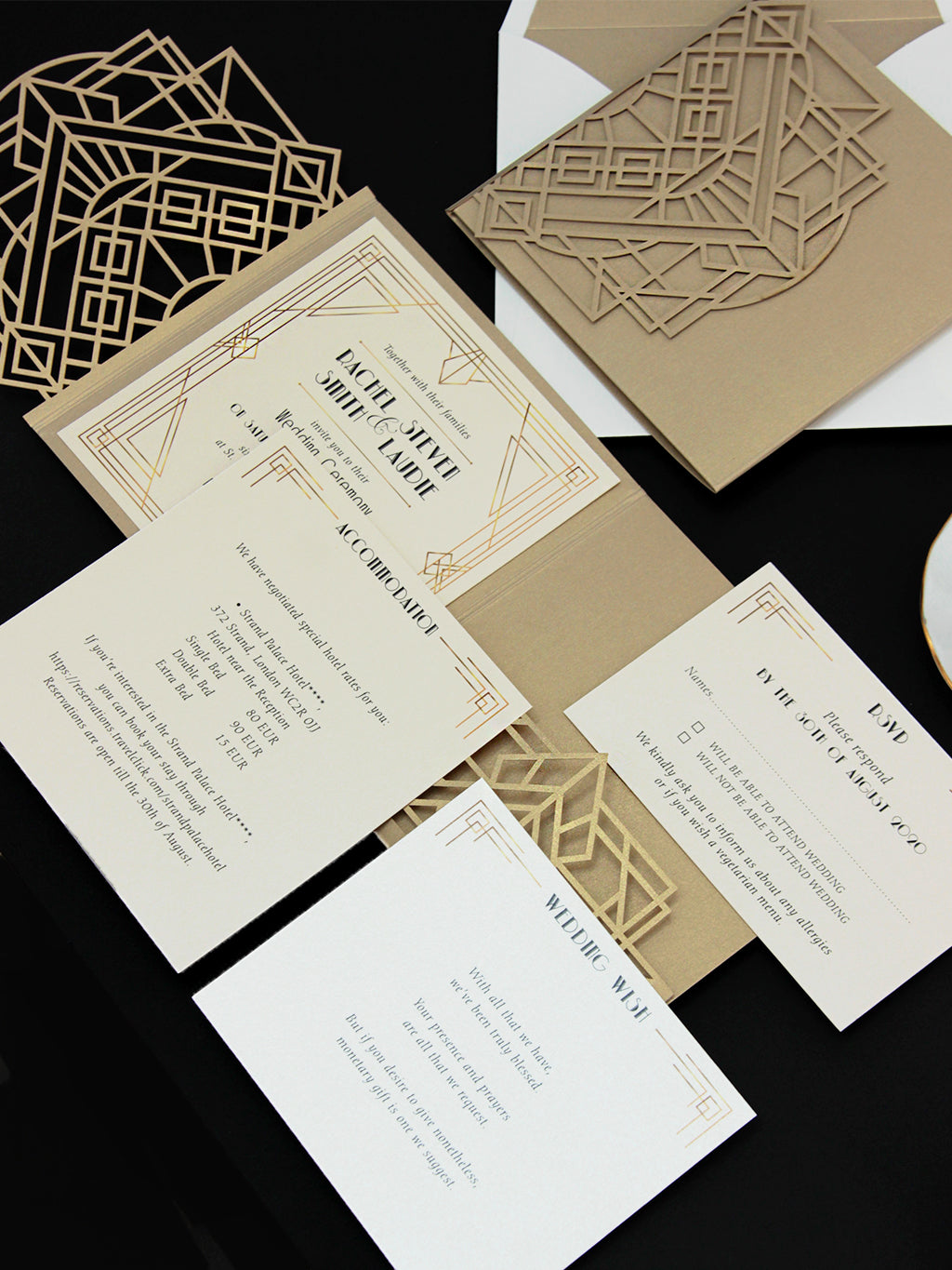 Art Deco Laser Cut Great Gatsby Laser Cut Pocketfold Wedding Invitation Suite with 3 Tier :  Guest Info & Travel & Rsvp Card