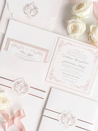 Regal Square Invitation with Rose Gold Foil Monogram & Belly Band Pocket Suite