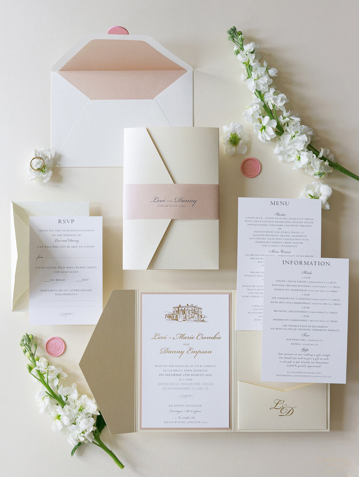 Custom Wedding Venue Illustration |  Foiled Venue Invitation Pocket Suite in Classic Envelope Fold in Gold Foil | SAMPLE