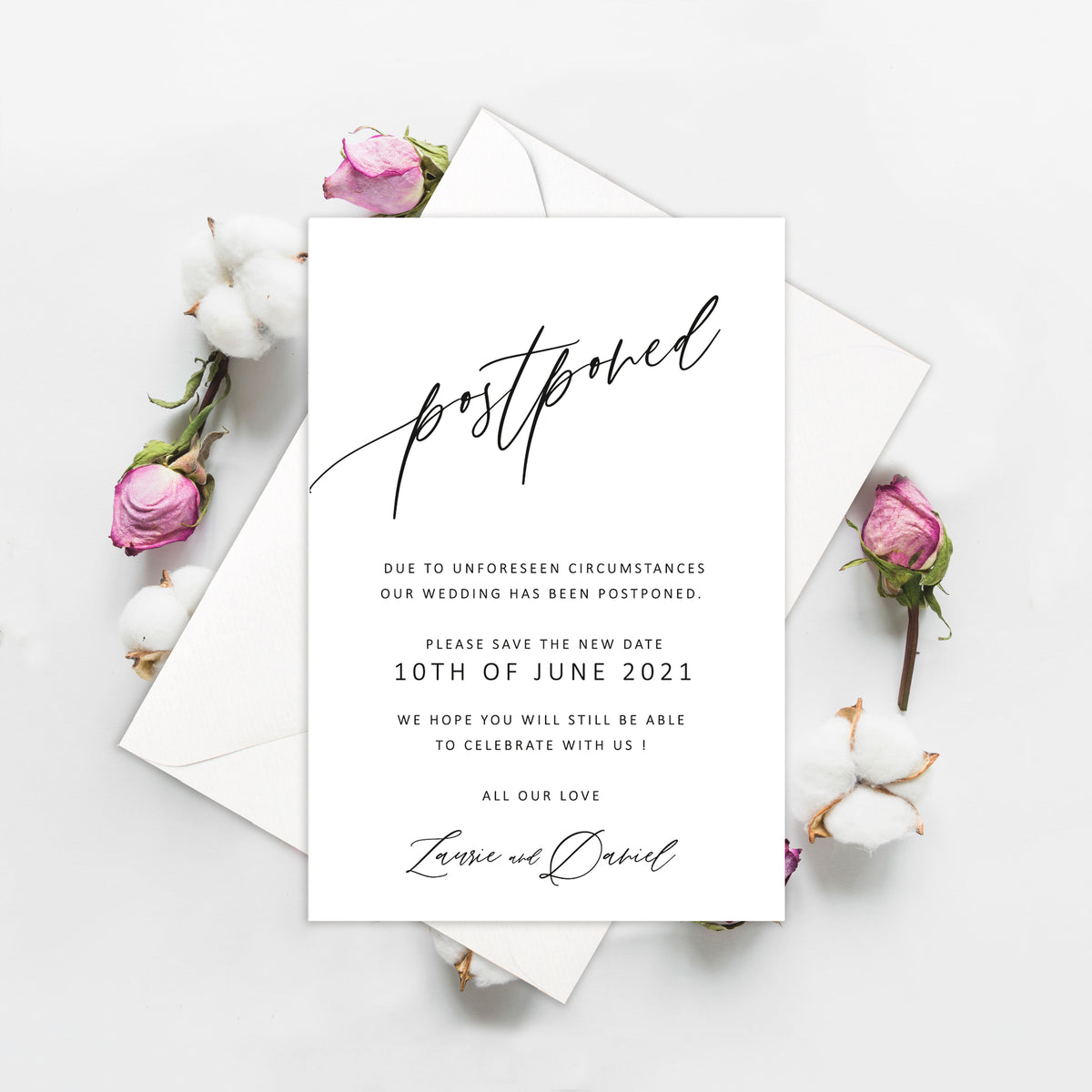 Postponed & Change the Date Calligraphy  - Wedding Postpone Card