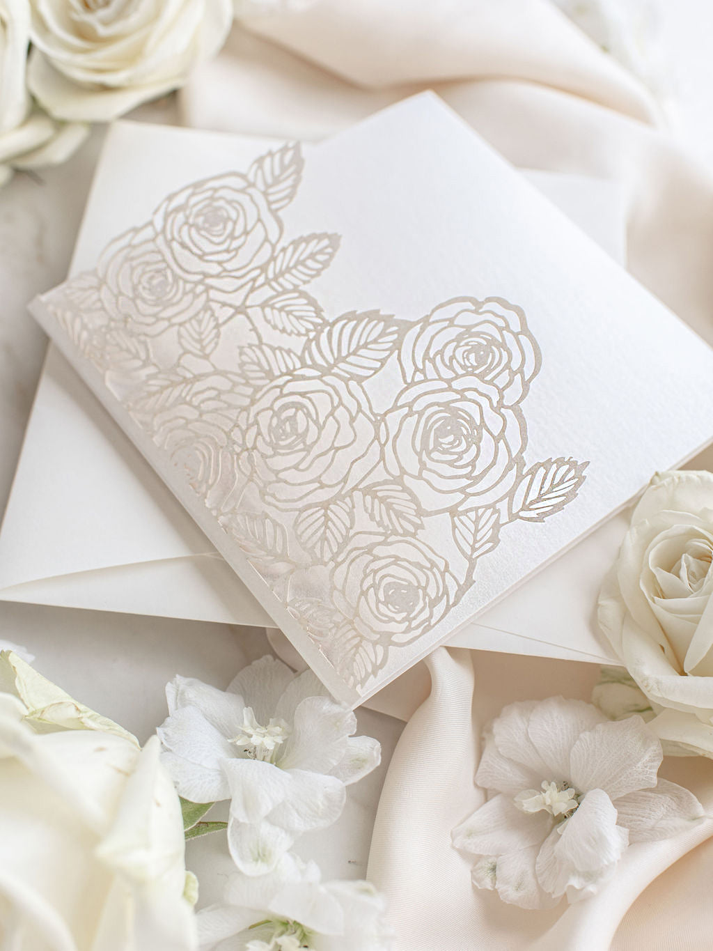 Roses Quartz Laser Cut Pocket Folder with Rsvp Card