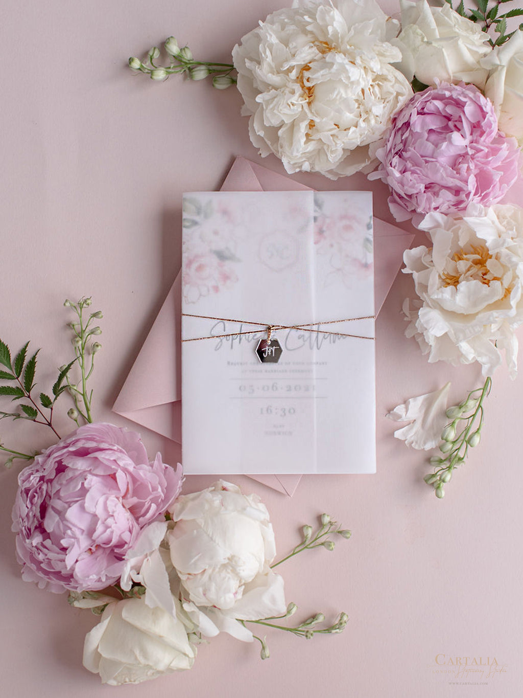 Vellum Day Invitation & RSVP │Pink Watercolour Peonies Flower │ Silver Mirror Plexi