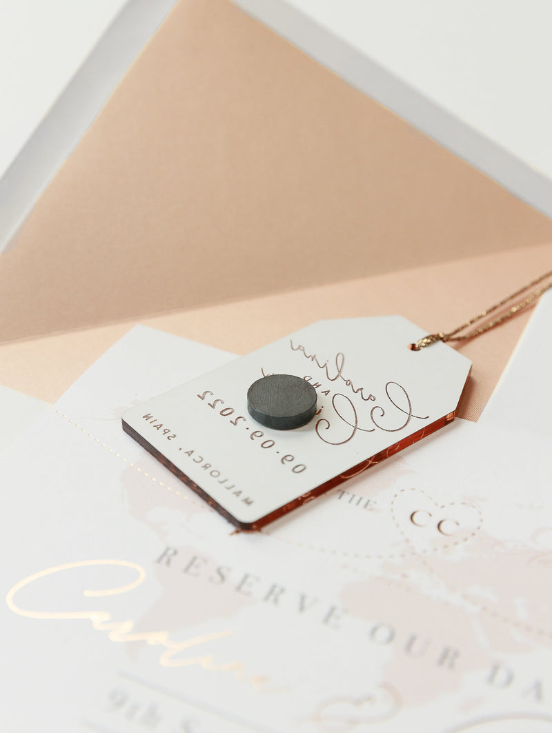 Luxury Destination Magnet in Rose Gold Mirror Plexi Save the Date Card