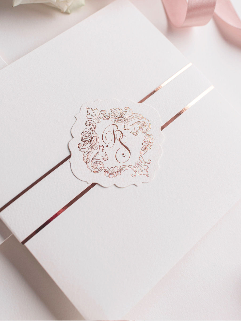 Regal Square Invitation with Rose Gold Foil Monogram & Belly Band Pocket Suite