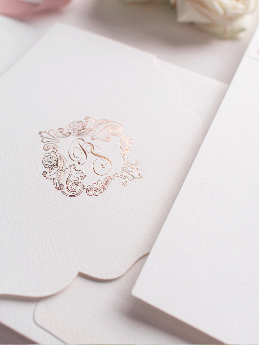 Regal Square Invitation with Rose Gold Foil Monogram & Belly Band Pocket Suite