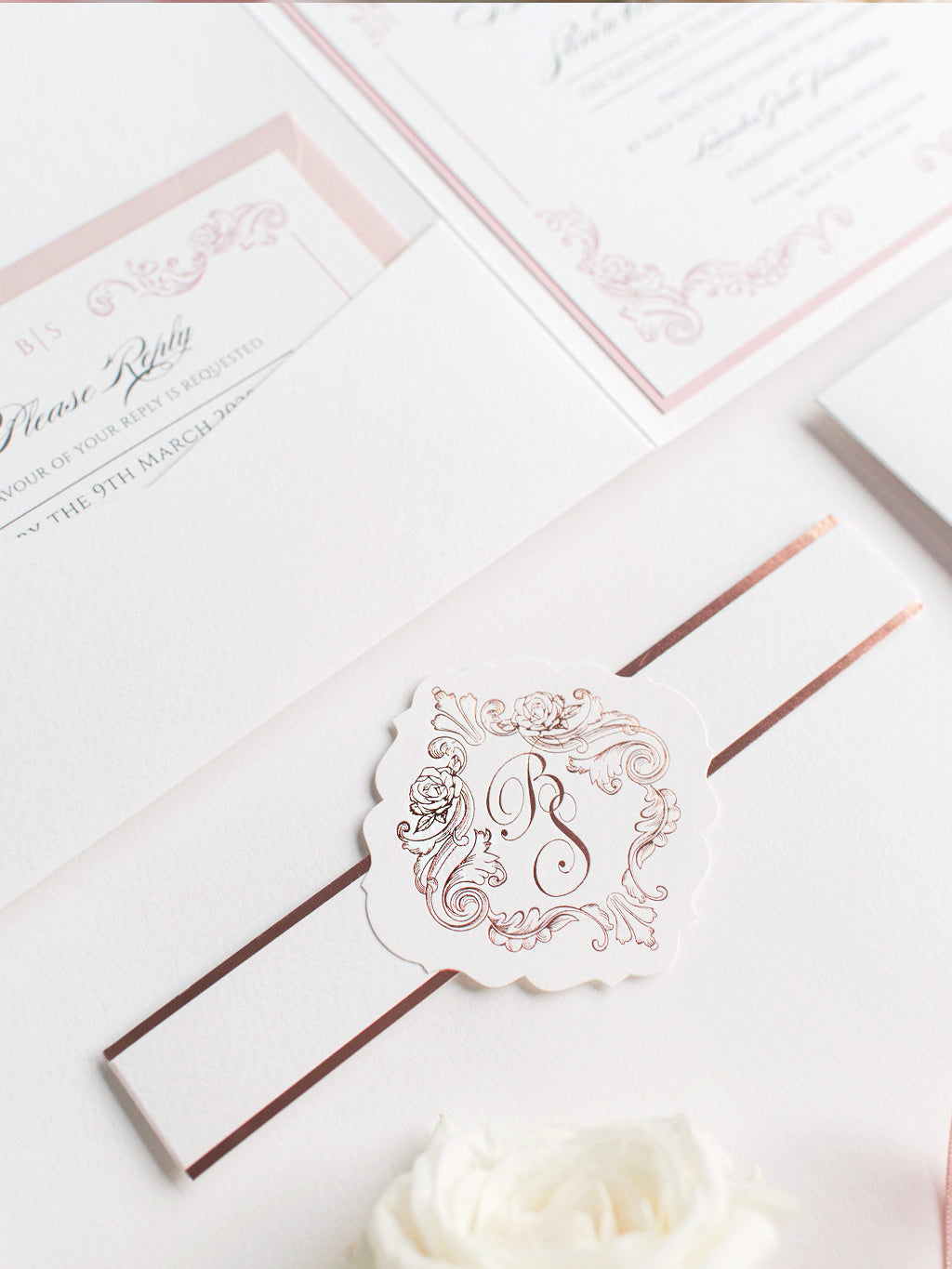 Regal Square Invitation with Rose Gold Foil Monogram & Belly Band Pocket Suite