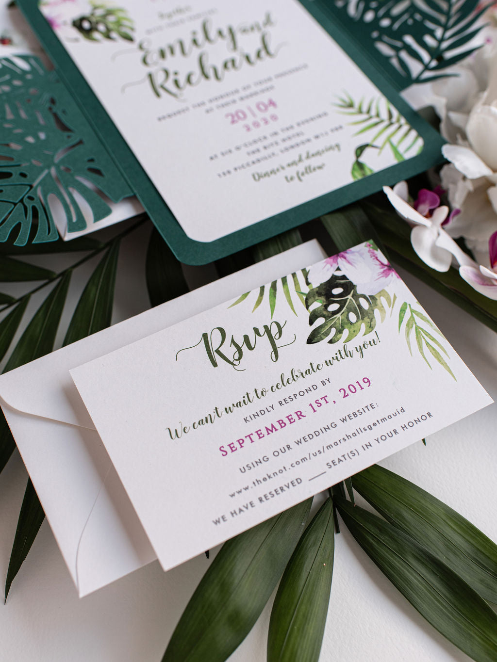 Monstera Tropical Botanic Leaf Green Laser Cut Floral Destination Wedding Invitation with Rsvp Card and Lined Envelopes