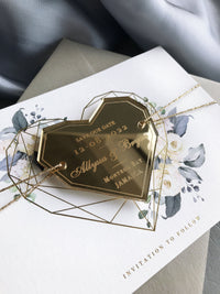 Steel Blue Floral Save the Date with Gold Mirror Geometric Heart Plexi Hexagon Magnet