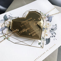 Steel Blue Floral Save the Date with Gold Mirror Geometric Heart Plexi Hexagon Magnet